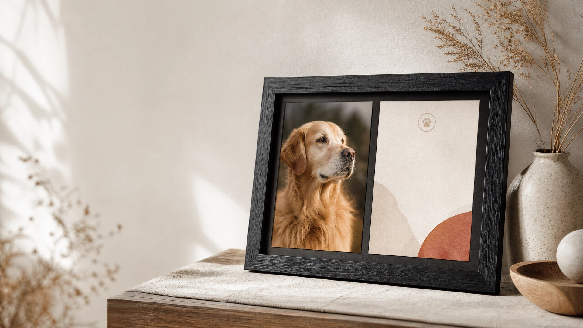 A pet memorial frame in a calm home setting