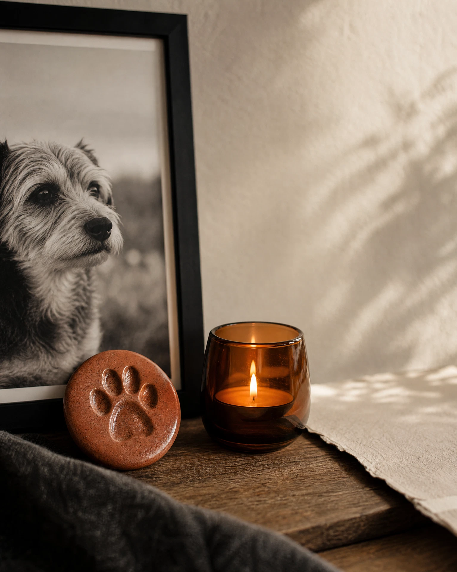 Soft paw prints beside a pet memorial keepsake